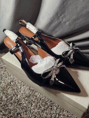 Patent Black Pointed Slingback Heels with Crystal Bow Accent